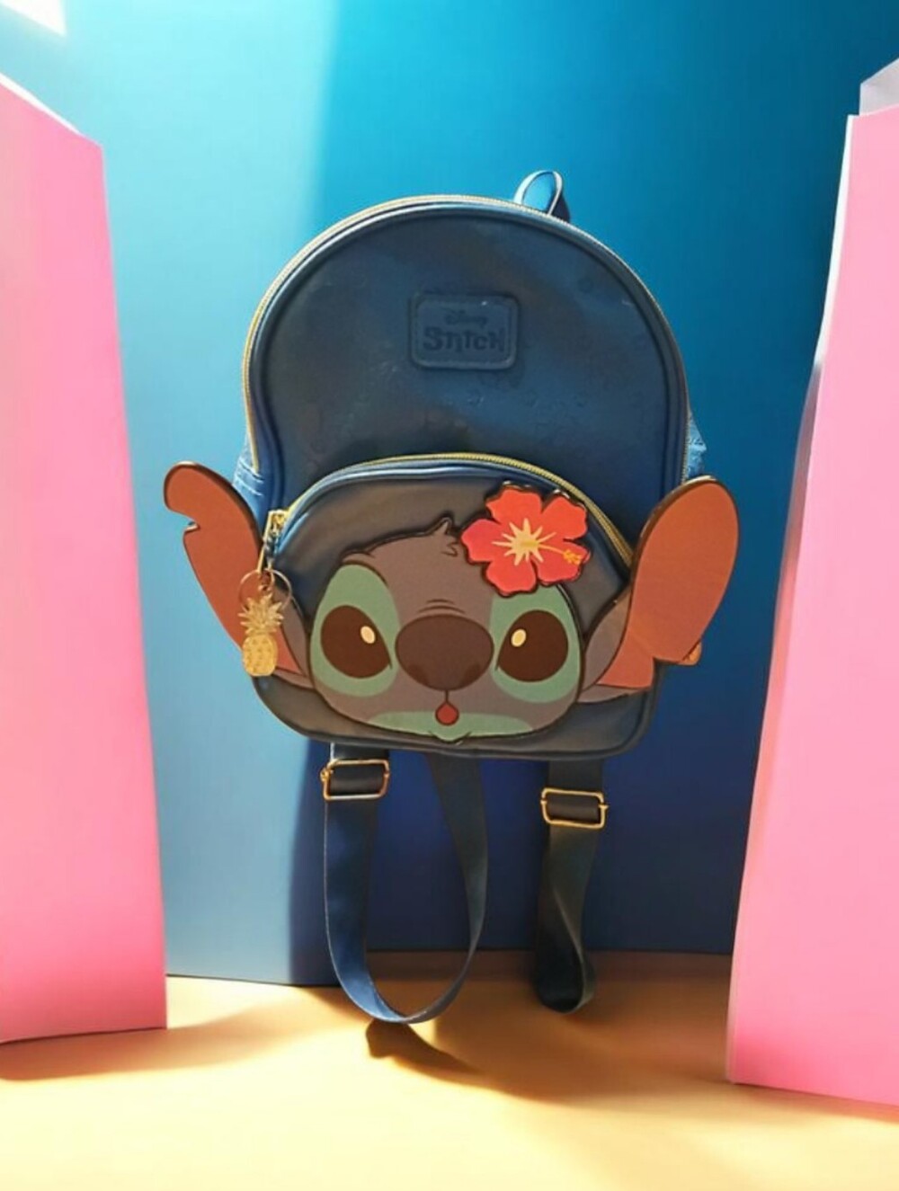 Disney Blue Stitch Mini Backpack with Pink Flower and Tan Ears